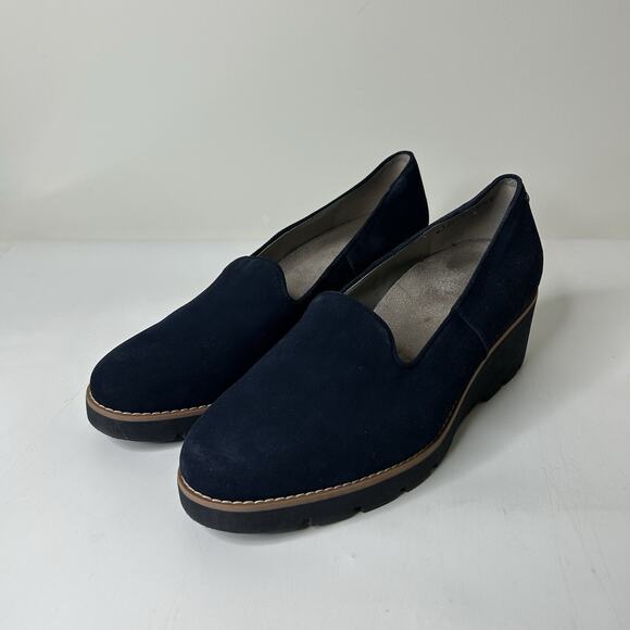 Vionic Shoes - Vionic Willa Wedge Women’s 12 Wide Water Repel Suede Slip On Loafers Navy Blue